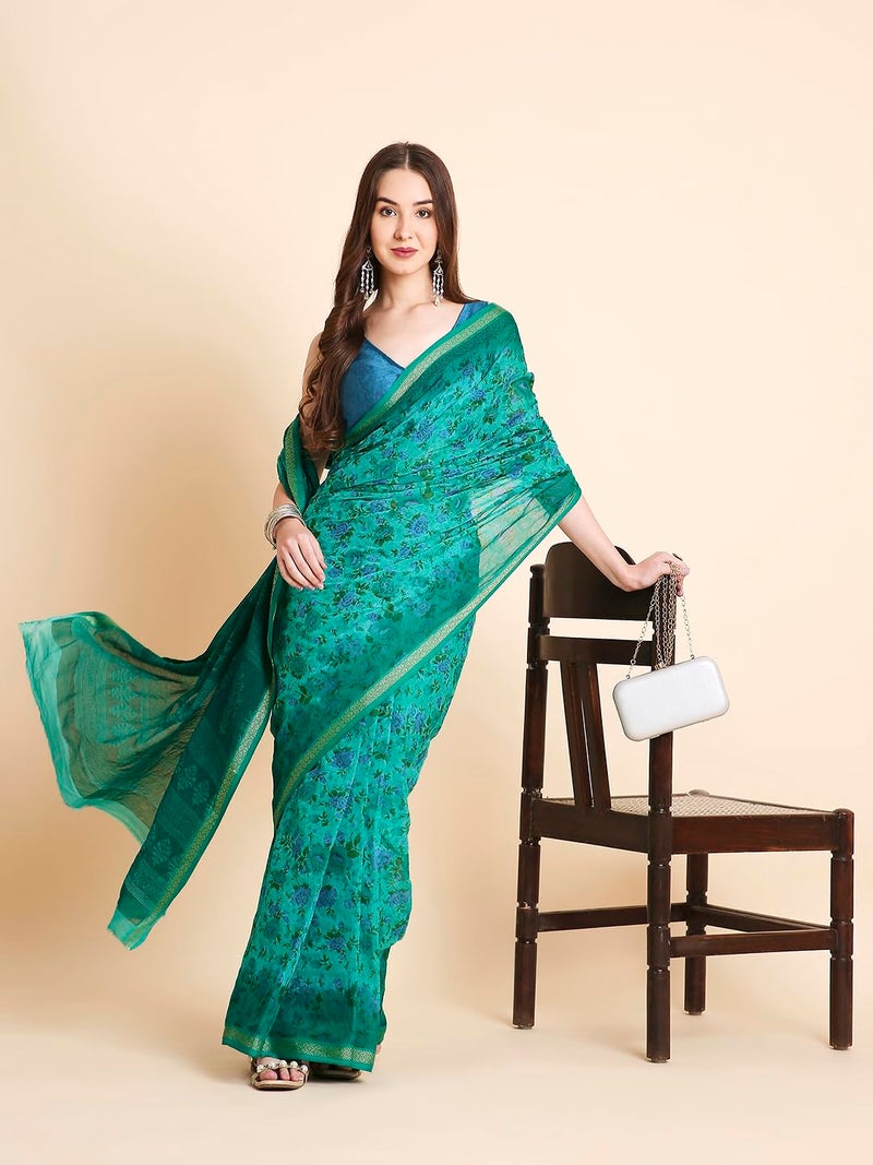 RATAN Pure Cotton Printed Mulmul Saree for Women with Blouse Piece (FIORI-BP-21911_Green) - Image 3