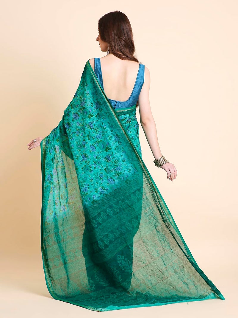 RATAN Pure Cotton Printed Mulmul Saree for Women with Blouse Piece (FIORI-BP-21911_Green) - Image 2