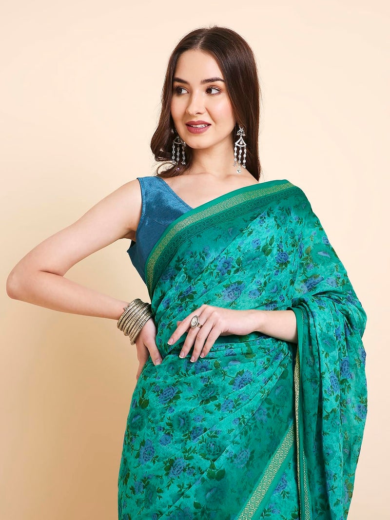 RATAN Pure Cotton Printed Mulmul Saree for Women with Blouse Piece (FIORI-BP-21911_Green) - Image 5