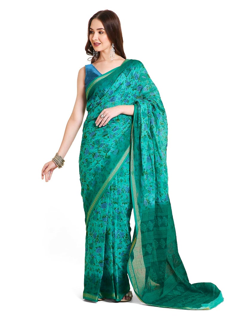 RATAN Pure Cotton Printed Mulmul Saree for Women with Blouse Piece (FIORI-BP-21911_Green) - Image 1