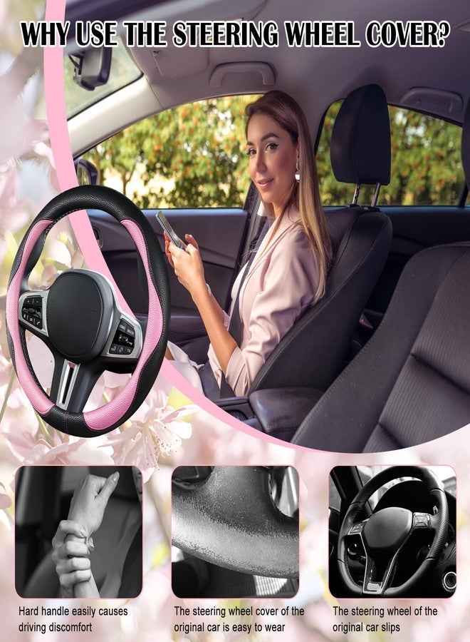 SuperKaKa Car Steering Wheel Cover 2025, Universal Auto PU Cute Breathable Slip-Proof Comfort Imitation Leather Protector Cars Interior Accessories for Women Men Fit Most Vehicle (Pink) - Image 4