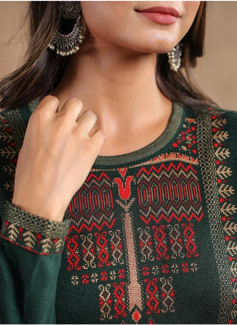 آي شين Women's Green Polyester Blend Embellished Tunic Straight Fit Kurta