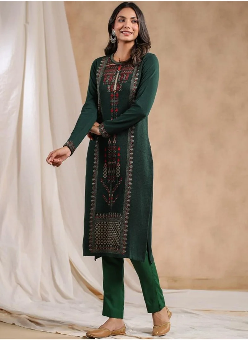 آي شين Women's Green Polyester Blend Embellished Tunic Straight Fit Kurta