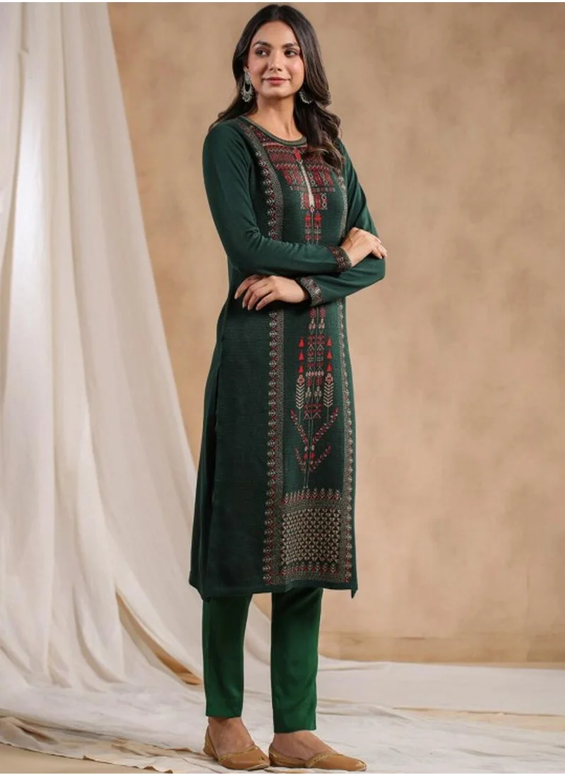 آي شين Women's Green Polyester Blend Embellished Tunic Straight Fit Kurta