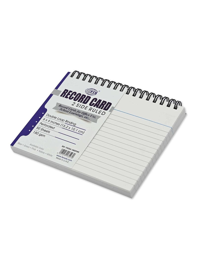 FIS Ruled Record Card 180 Gsm 6X4 Inch Double Loop Spiral 50 Sheets White -FSIC64-180SPWH - Image 1