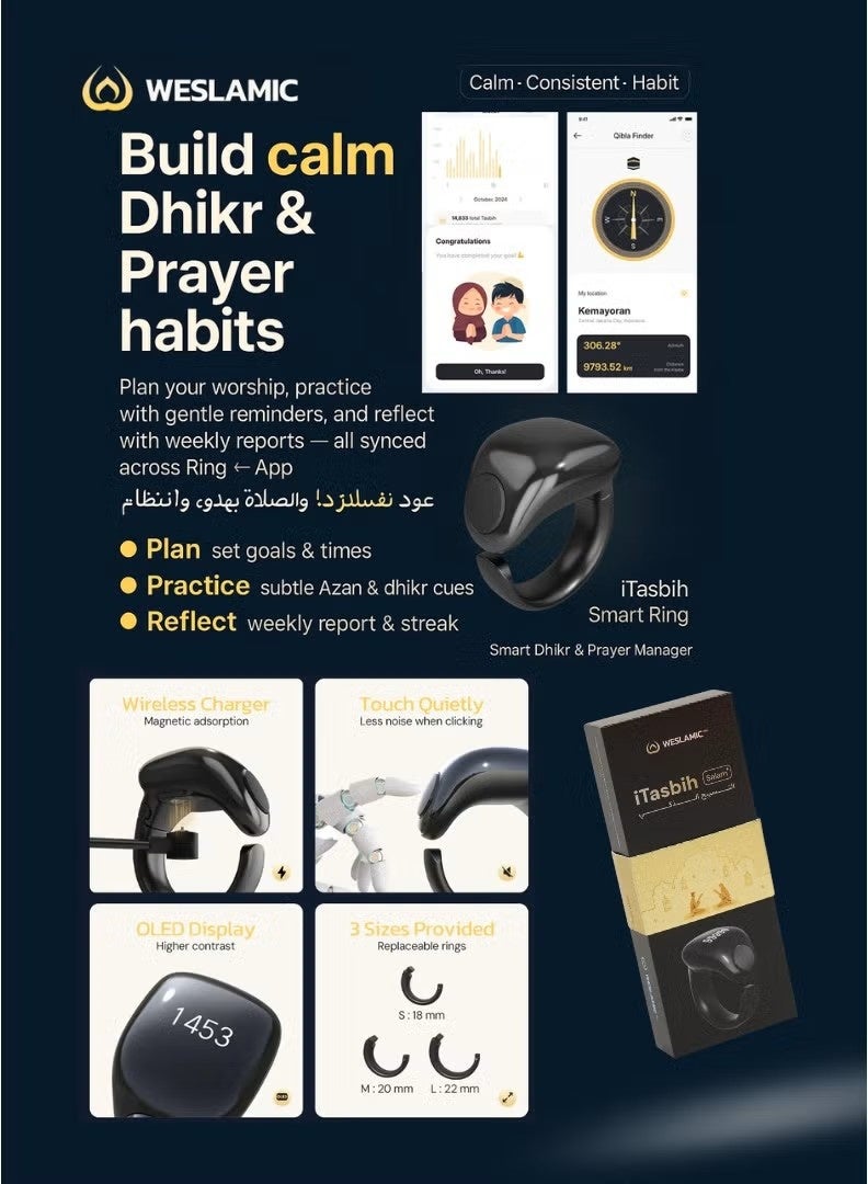 iTasbih Salam Smart Ring OLED Zikr Counter Ring & Prayer Reminder Smart Ring | Digital Tasbih Counter Finger Ring Islamic Misbaha for Daily Dhikr | Bluetooth Enabled Smart Ring with App Sync | Waterproof Design, Magnetic Fast Charging, Adjustable Fit |  Portable Muslim Prayer Tracker Wearable Gadget for Men & Women - Image 2
