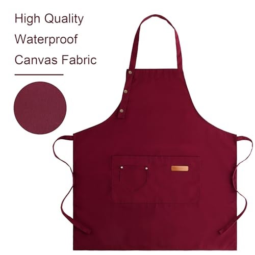LOYGLIF Apron for Men Women with Adjustable Straps and Large Pockets, Canvas Cotton Cooking Kitchen Chef Bib Aprons Waterproof Red - Image 3