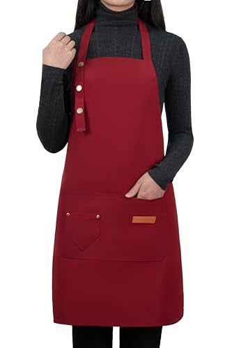 LOYGLIF Apron for Men Women with Adjustable Straps and Large Pockets, Canvas Cotton Cooking Kitchen Chef Bib Aprons Waterproof Red - Image 1
