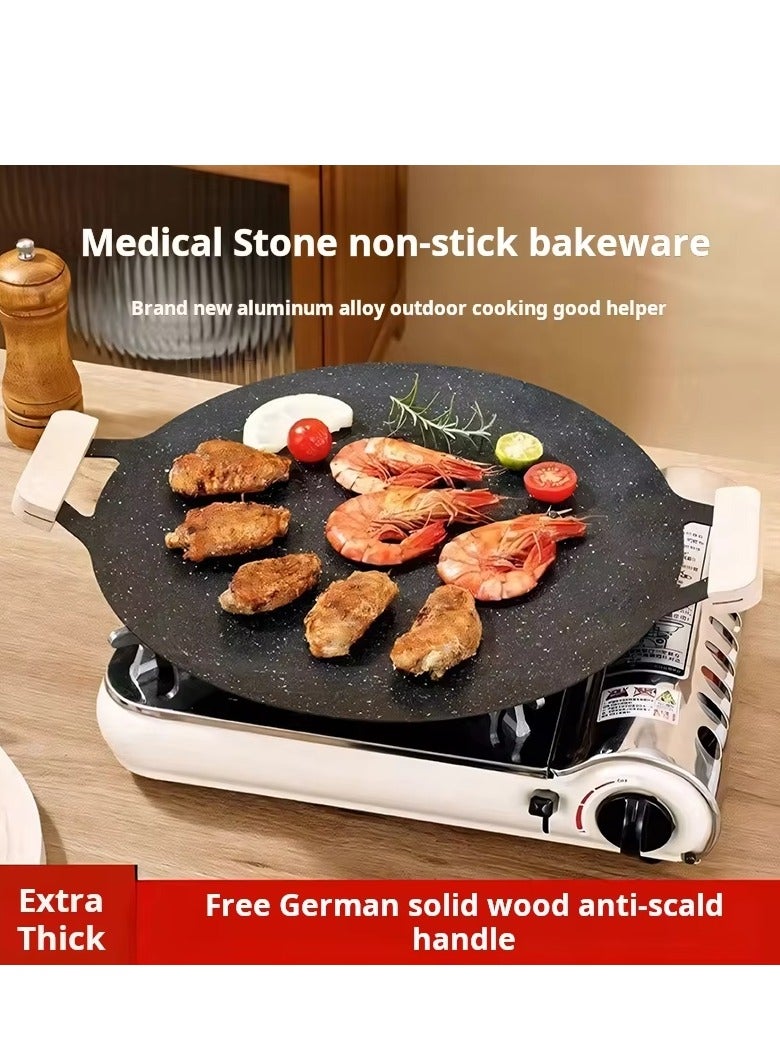 مقلاة شواء كورية دائرية غير لاصقة مصنوعة من مادة طبيعية مطلية بـ 6 طبقات لطهي الشواء والسفر والتخييم في الهواء الطلق ومقلاة شواء 34 سم (أسود) - Image 4