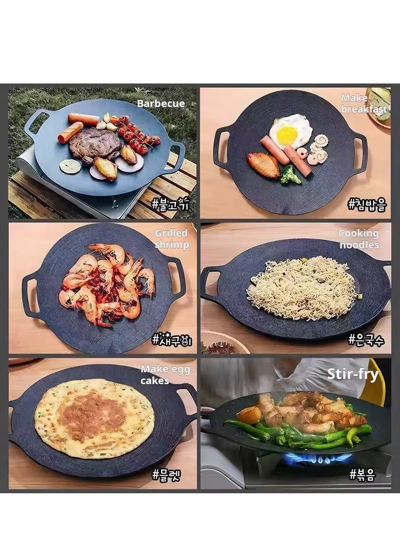 مقلاة شواء كورية دائرية غير لاصقة مصنوعة من مادة طبيعية مطلية بـ 6 طبقات لطهي الشواء والسفر والتخييم في الهواء الطلق ومقلاة شواء 34 سم (أسود) - Image 5