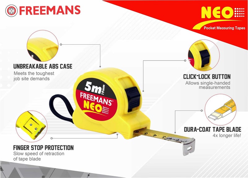 FREEMANS NEO 5m:19mm Steel Inchi Pocket Measuring Tape with Unbreakable ABS Case, Click-Action Front Lock, Finger Stop Protection, Hand Strap and Belt Clip - Image 2