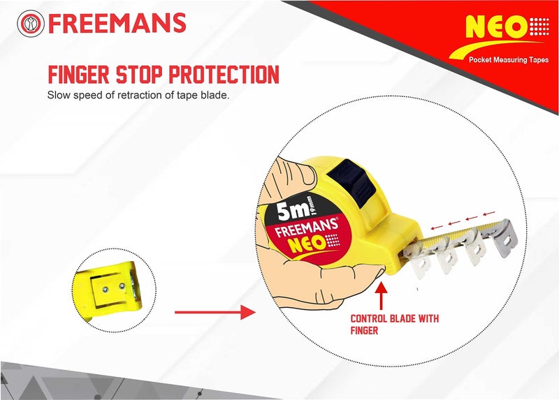 FREEMANS NEO 5m:19mm Steel Inchi Pocket Measuring Tape with Unbreakable ABS Case, Click-Action Front Lock, Finger Stop Protection, Hand Strap and Belt Clip - Image 3