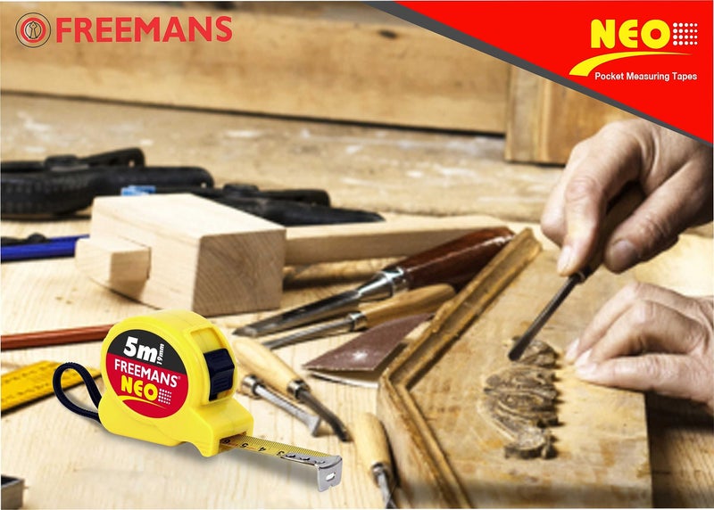 FREEMANS NEO 5m:19mm Steel Inchi Pocket Measuring Tape with Unbreakable ABS Case, Click-Action Front Lock, Finger Stop Protection, Hand Strap and Belt Clip - Image 4