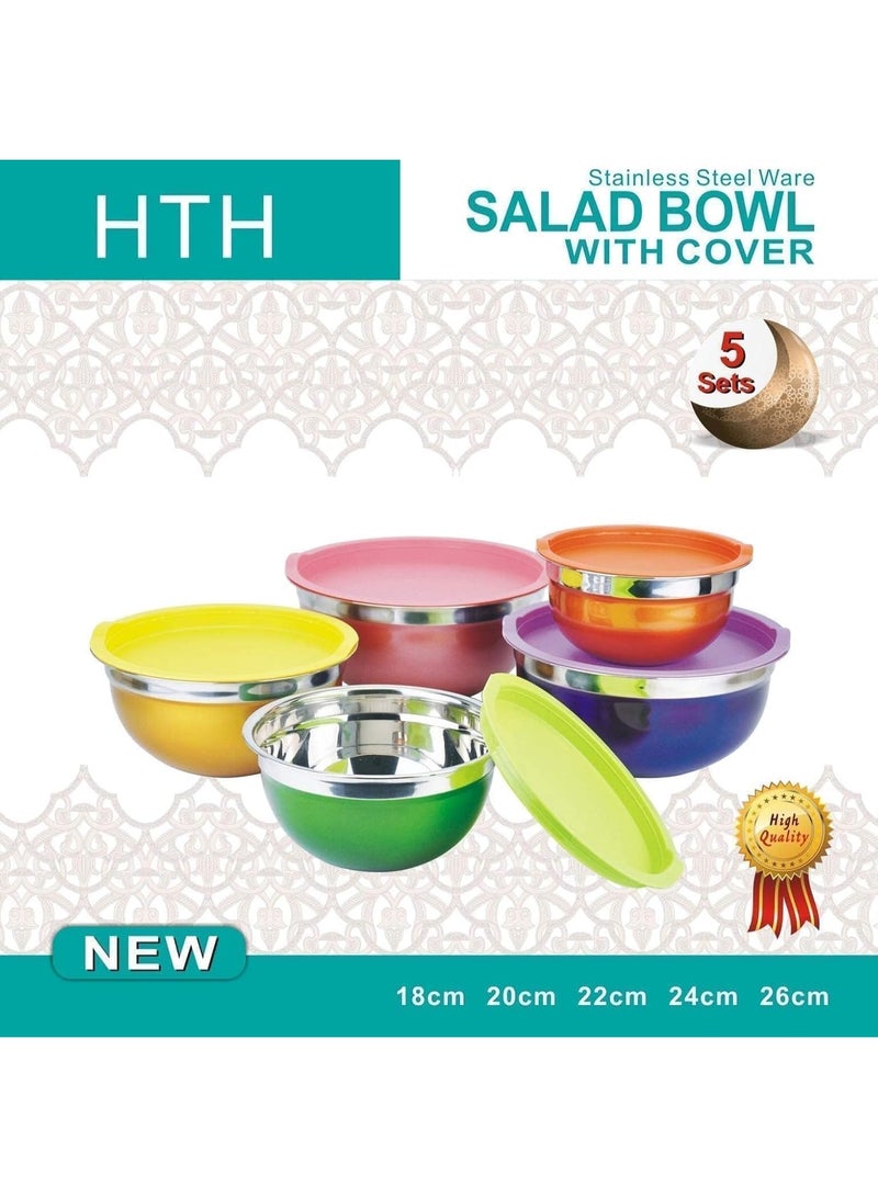 اتش تي اتش مجموعة أوعية خلط HTH بأغطية محكمة الإغلاق، أوعية سلطة، 5 ألوان، 5 أحجام، غير قابلة للانزلاق - Image 5