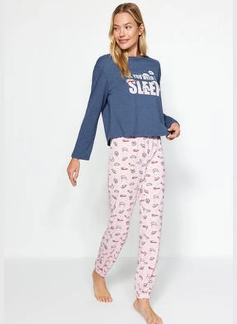 trendyol Indigo 100% Cotton Cat Print T-shirt-Pants and Knitted Pajamas Set THMAW24PT00107.