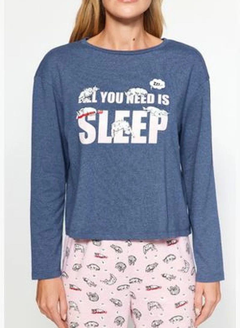 trendyol Indigo 100% Cotton Cat Print T-shirt-Pants and Knitted Pajamas Set THMAW24PT00107.