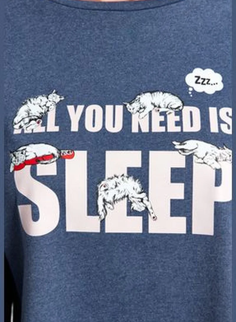 trendyol Indigo 100% Cotton Cat Print T-shirt-Pants and Knitted Pajamas Set THMAW24PT00107.