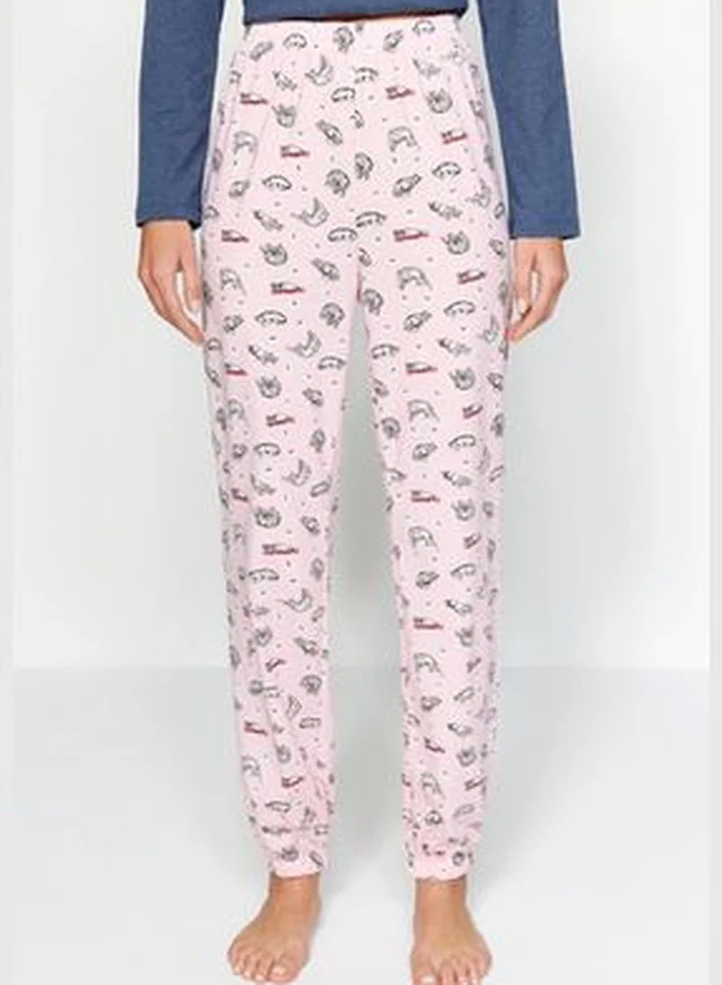 trendyol Indigo 100% Cotton Cat Print T-shirt-Pants and Knitted Pajamas Set THMAW24PT00107.