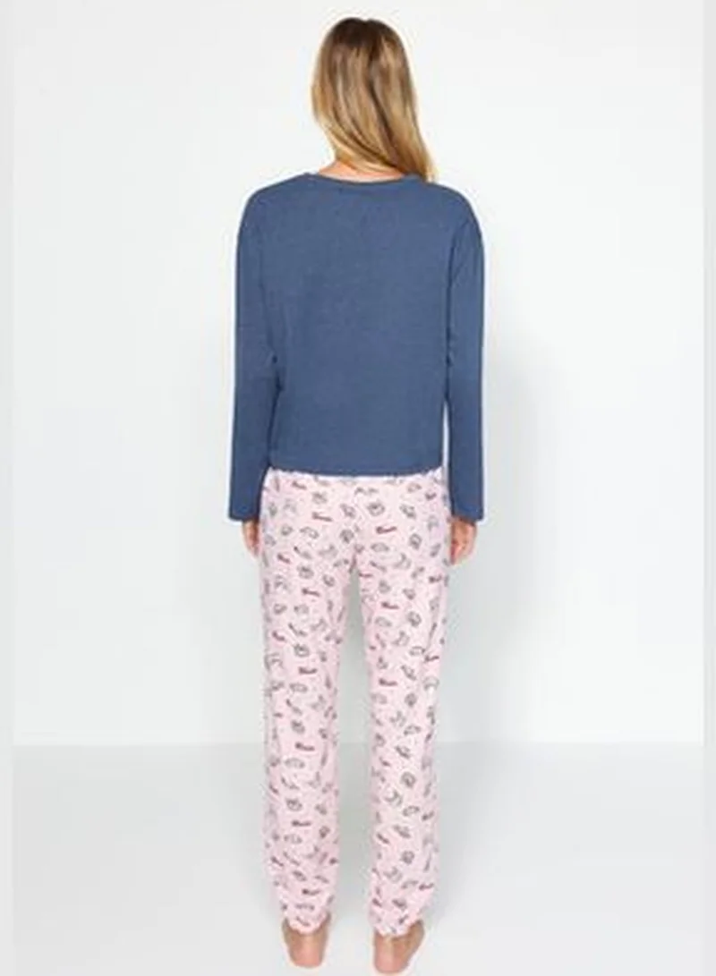 trendyol Indigo 100% Cotton Cat Print T-shirt-Pants and Knitted Pajamas Set THMAW24PT00107.