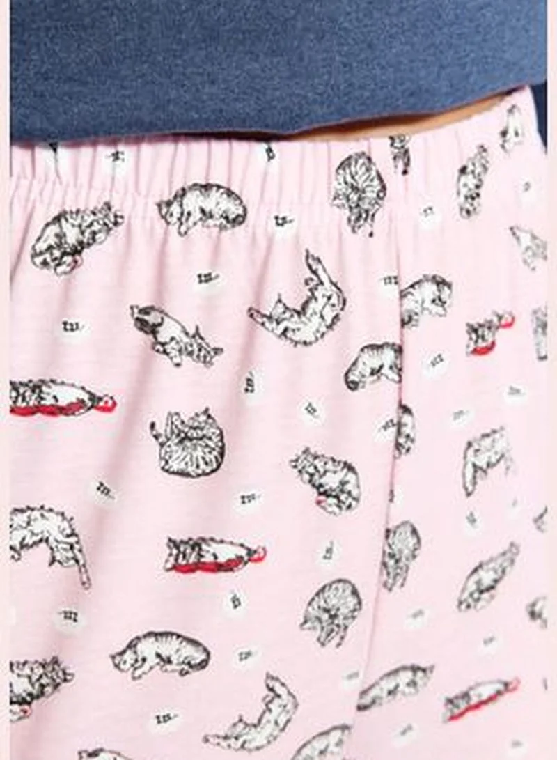 trendyol Indigo 100% Cotton Cat Print T-shirt-Pants and Knitted Pajamas Set THMAW24PT00107.