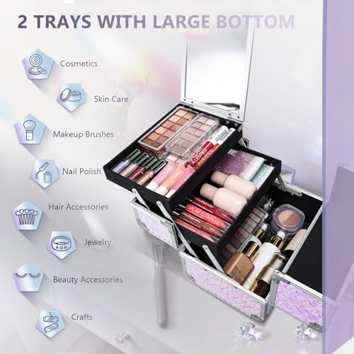 Joligrace Makeup Train Case Makeup Case Organizer Portable Cosmetic Box Storage with 2 Trays Mirror Locking with Keys Make Up Travel Case Nail Kits Traveling Makeup Box Shiny Purple - Image 3