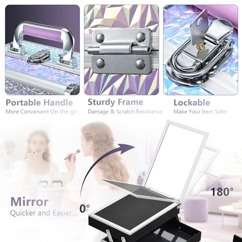 Joligrace Makeup Train Case Makeup Case Organizer Portable Cosmetic Box Storage with 2 Trays Mirror Locking with Keys Make Up Travel Case Nail Kits Traveling Makeup Box Shiny Purple - Image 4