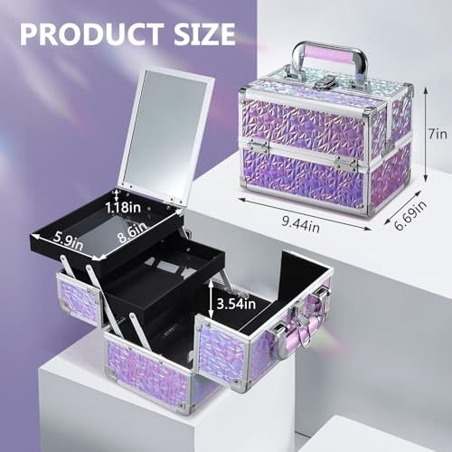 Joligrace Makeup Train Case Makeup Case Organizer Portable Cosmetic Box Storage with 2 Trays Mirror Locking with Keys Make Up Travel Case Nail Kits Traveling Makeup Box Shiny Purple - Image 5