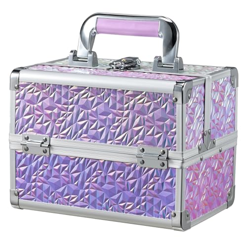 Joligrace Makeup Train Case Makeup Case Organizer Portable Cosmetic Box Storage with 2 Trays Mirror Locking with Keys Make Up Travel Case Nail Kits Traveling Makeup Box Shiny Purple - Image 1