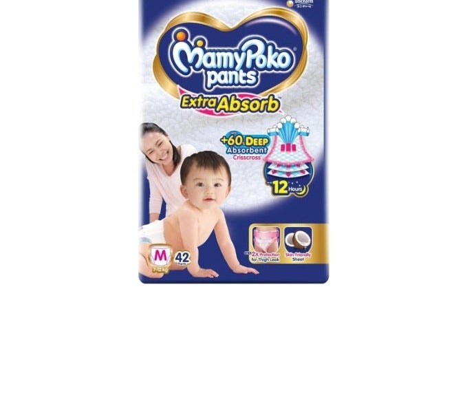 MamyPoko Pants Extra Absorb Baby Diapers, Medium (M size) | 7-12 kg | 42 Count |Deep Sleep Diapers| Soft gentle fit |Deep Absorbent Crisscross | skin friendly with coconut oil |