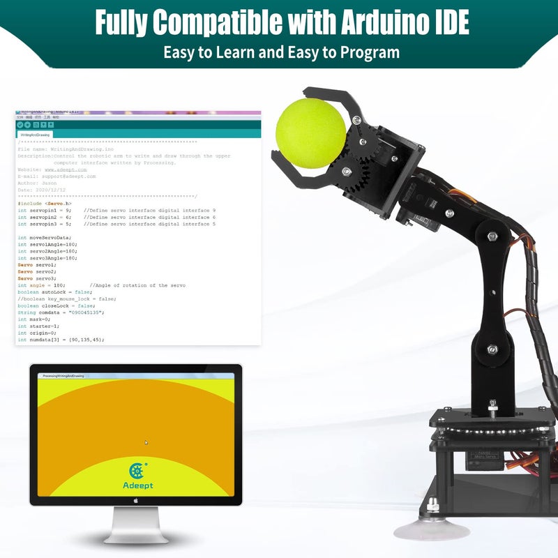 Adeept مجموعة ذراع الروبوت Adeept 5-DOF 5Axis متوافقة مع Arduino IDE قابلة للبرمجة DIY ترميز STEM ذراع الروبوت مع شاشة OLED ومعالجة الكود ودروس PDF - أسود - Image 5