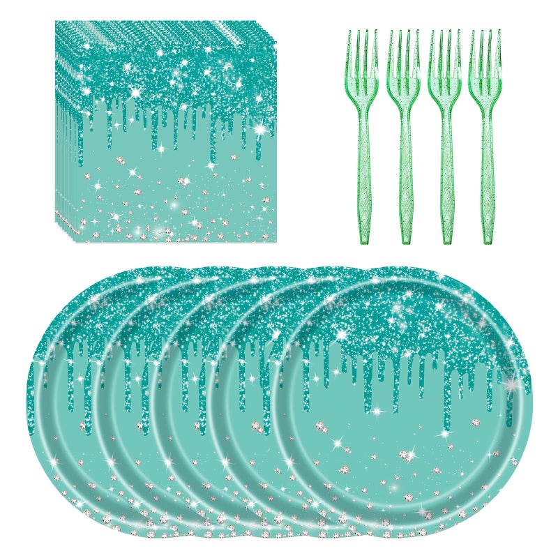 LYFREE 72 Pcs Teal Glitter Paper Plates 7in Disposable Paper Dessert Plates Napkins and Forks Party Tableware Set Happy Birthday Table Decorations for 24 Guests Blue Green Silver Birthday Wedding Theme Party - Image 1