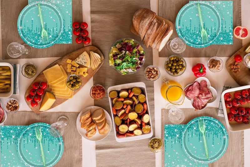 LYFREE 72 Pcs Teal Glitter Paper Plates 7in Disposable Paper Dessert Plates Napkins and Forks Party Tableware Set Happy Birthday Table Decorations for 24 Guests Blue Green Silver Birthday Wedding Theme Party - Image 5