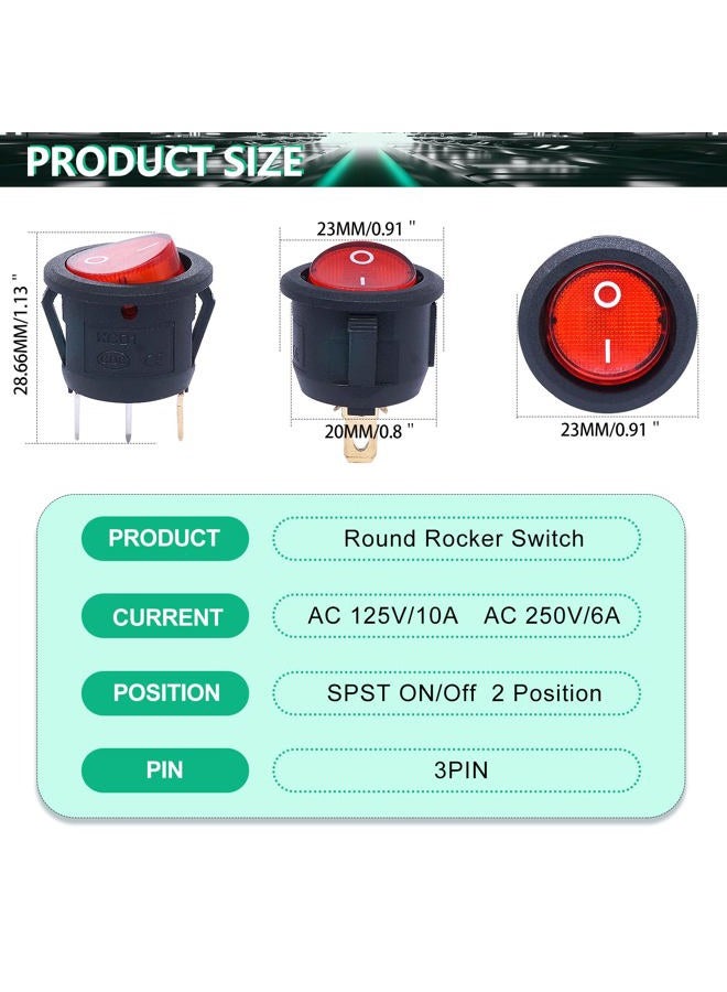 Twidec /6Pcs AC 6A 125V 10A 250V SPST 3 Pins 2 Position ON/Off Red and Green LED Light Illuminated Round Boat Rocker Switch Toggle（Quality Assurance for 1 Years）KCD1-5-101NRG - Image 2