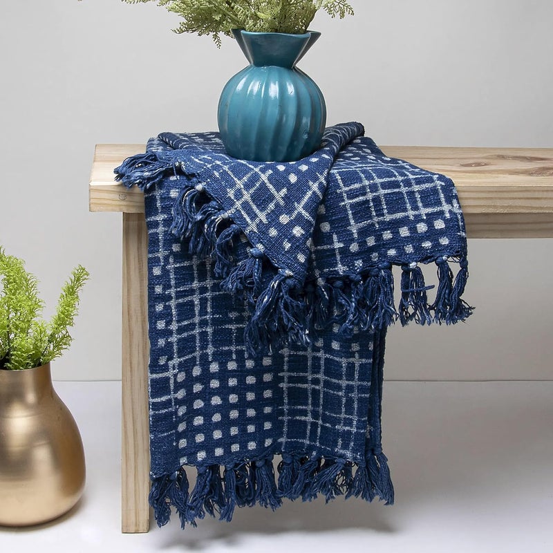 DMAASA Cotton Indigo Printed Throw Blanket 50x70 Inches Soft Lightweight Decorative Blanket for Couch Bed and Living Room Cozy Stylish Home Decor Checkered - Image 2