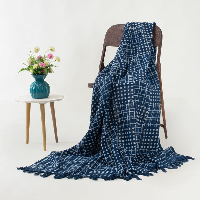 DMAASA Cotton Indigo Printed Throw Blanket 50x70 Inches Soft Lightweight Decorative Blanket for Couch Bed and Living Room Cozy Stylish Home Decor Checkered - Image 4
