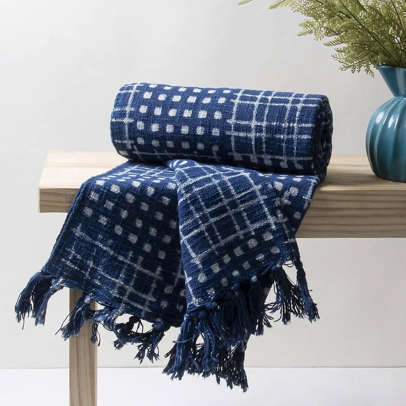 DMAASA Cotton Indigo Printed Throw Blanket 50x70 Inches Soft Lightweight Decorative Blanket for Couch Bed and Living Room Cozy Stylish Home Decor Checkered - Image 1