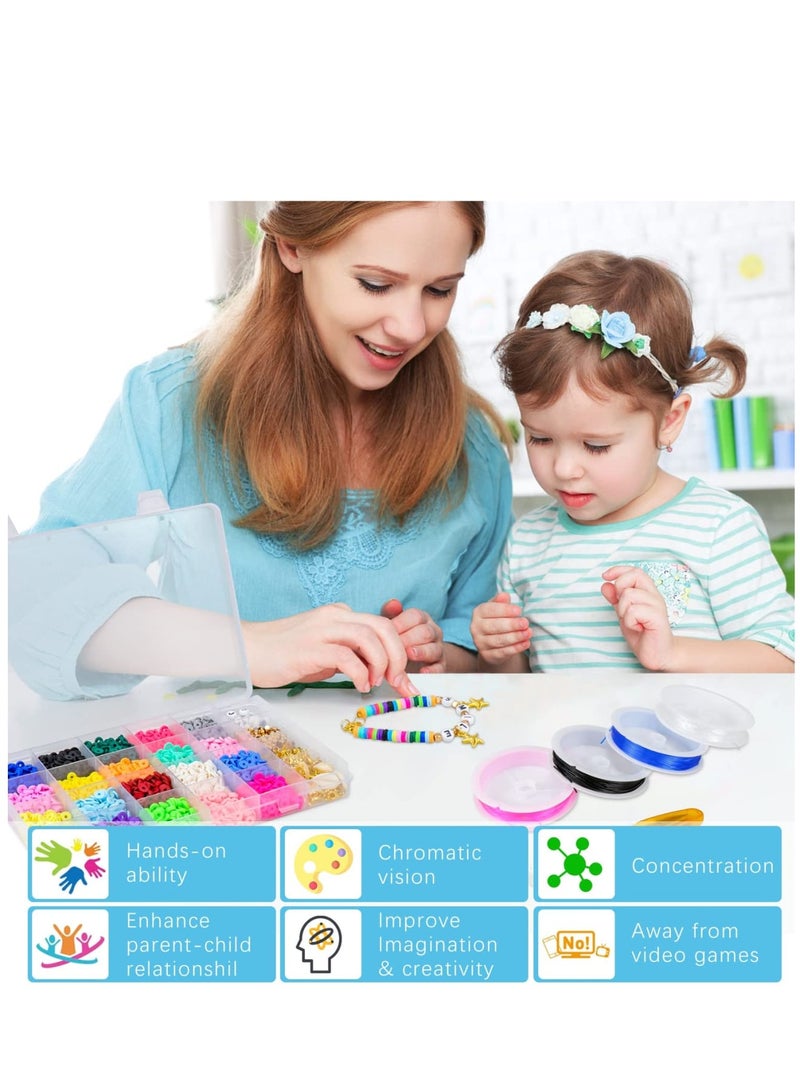 Zikra Clay Beads for Bracelet Making 6mm Flat Round Polymer Clay Heishi Beads with Pendant Charms Kit Letter Beads and Elastic Strings for DIY Bracelets Necklace Jewelry Making - Image 5