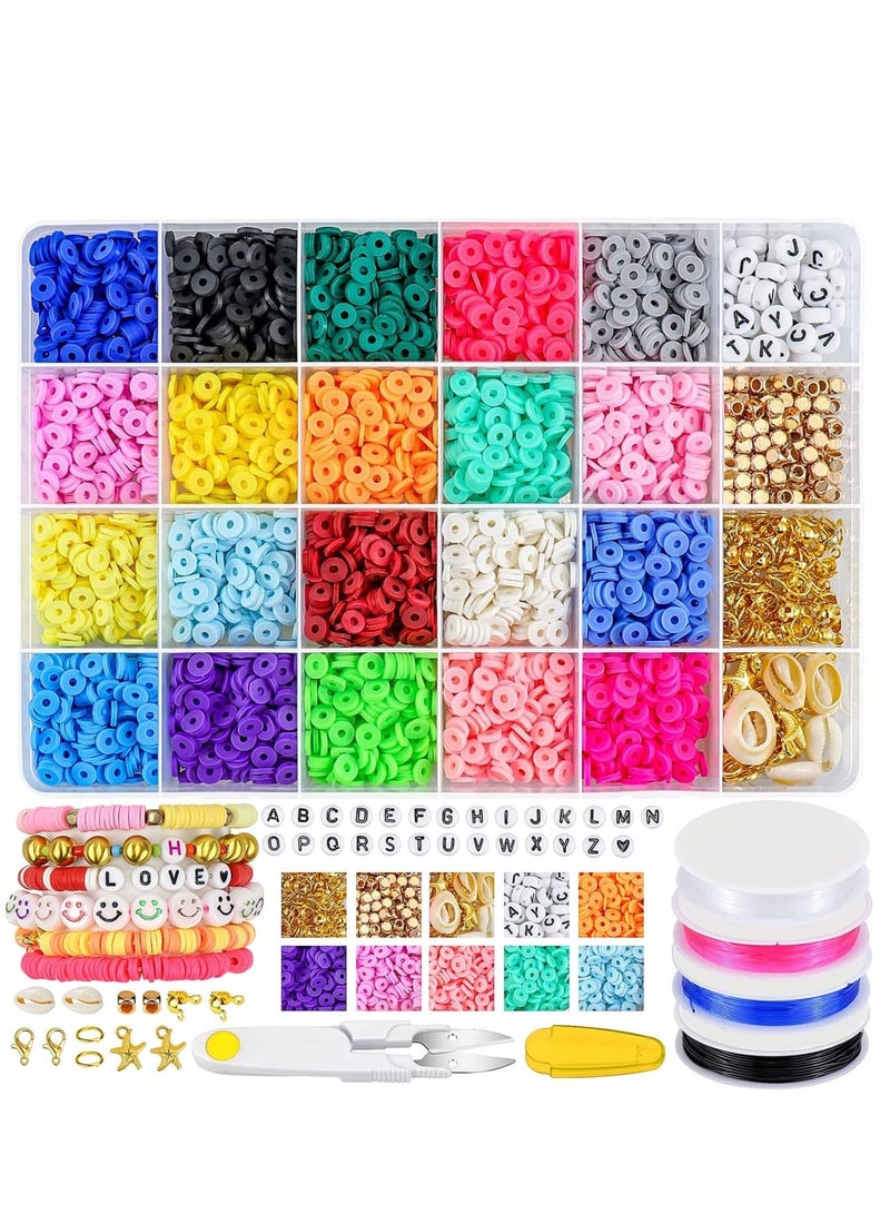 Zikra Clay Beads for Bracelet Making 6mm Flat Round Polymer Clay Heishi Beads with Pendant Charms Kit Letter Beads and Elastic Strings for DIY Bracelets Necklace Jewelry Making - Image 1