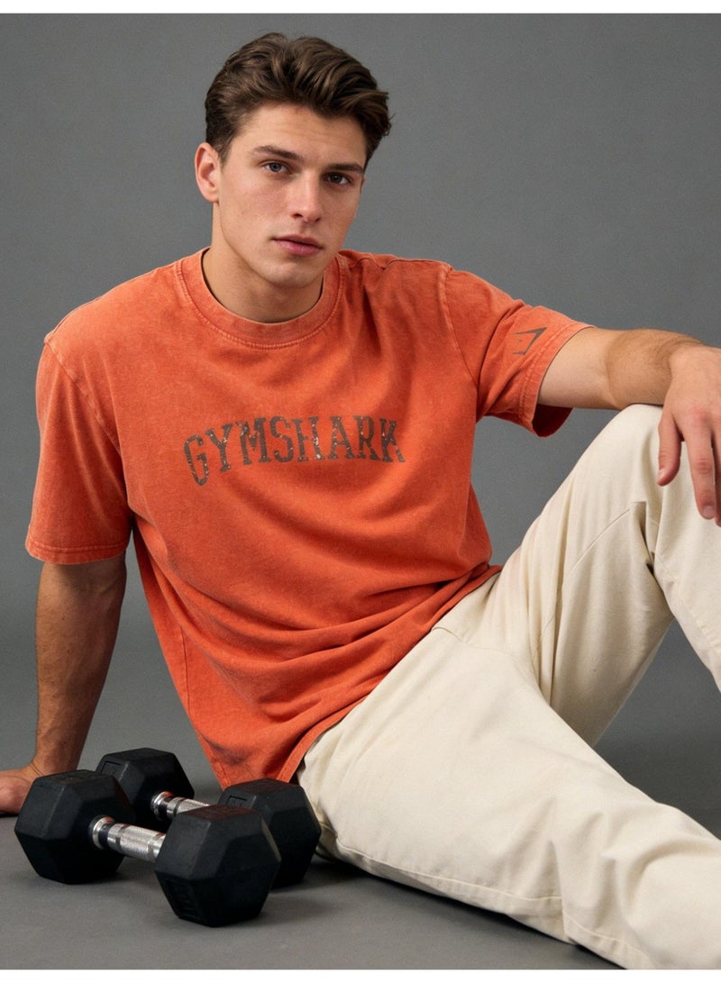 Gymshark loose casual T-shirt retro washed cotton soft fabric sports Joker men and women with the same paragraph. - Image 3