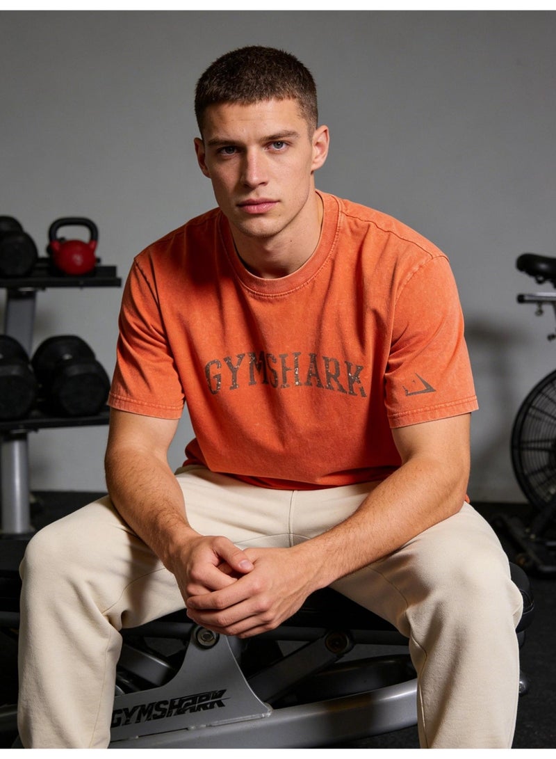 Gymshark loose casual T-shirt retro washed cotton soft fabric sports Joker men and women with the same paragraph. - Image 5