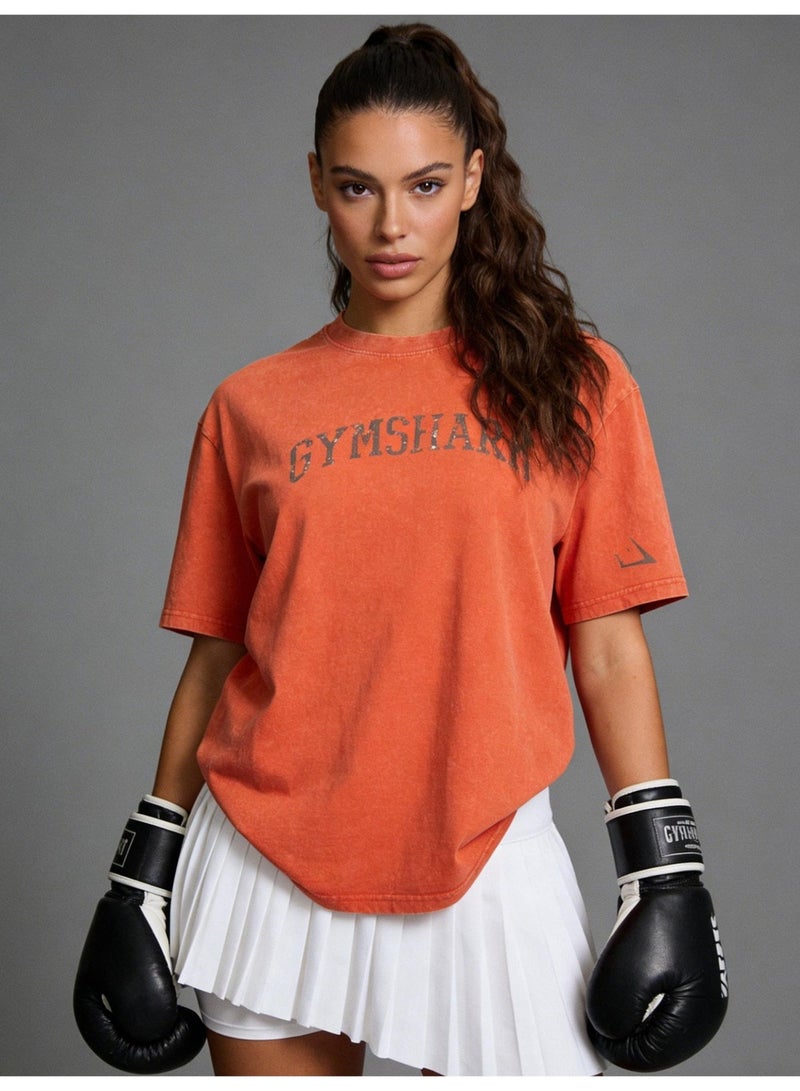 Gymshark loose casual T-shirt retro washed cotton soft fabric sports Joker men and women with the same paragraph. - Image 2