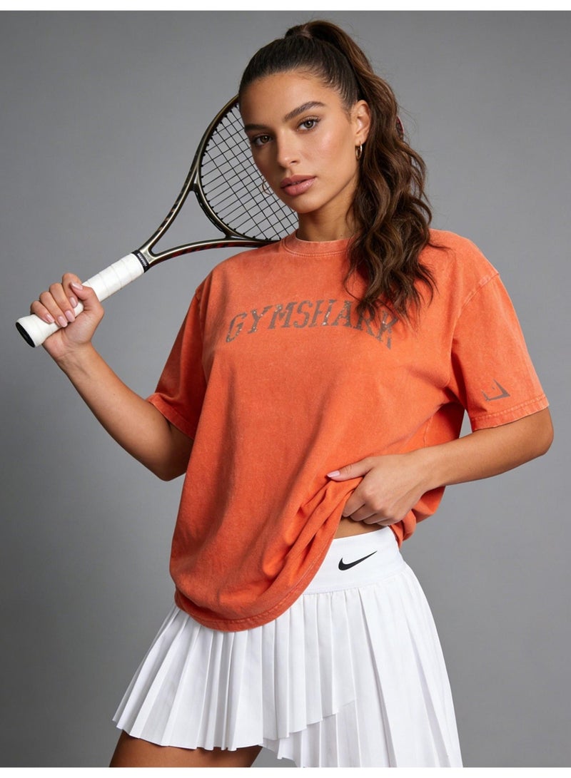 Gymshark loose casual T-shirt retro washed cotton soft fabric sports Joker men and women with the same paragraph. - Image 1