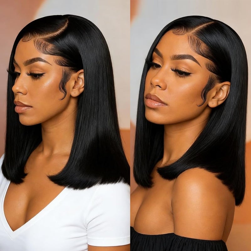 Superfect Bob Wig Human Hair 13x4 Lace Front Wigs Human Hair Pre Plucked 14 Inch Straight HD Lace Frontal Short Glueless Wigs for Women with Baby Hair 180% Density Natural Black Color - Image 1