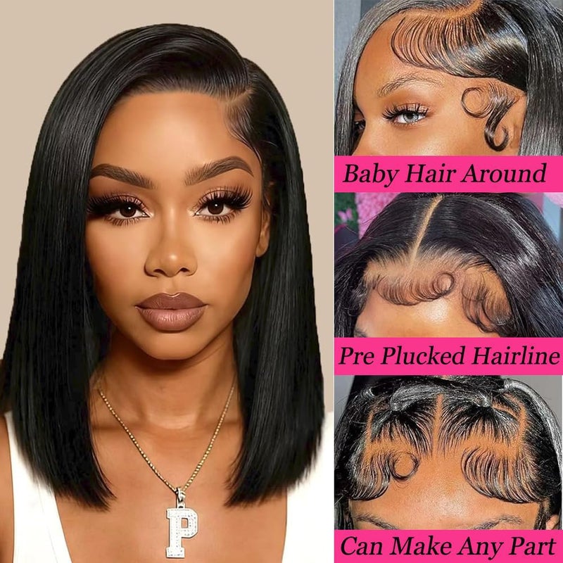 Superfect Bob Wig Human Hair 13x4 Lace Front Wigs Human Hair Pre Plucked 14 Inch Straight HD Lace Frontal Short Glueless Wigs for Women with Baby Hair 180% Density Natural Black Color - Image 3