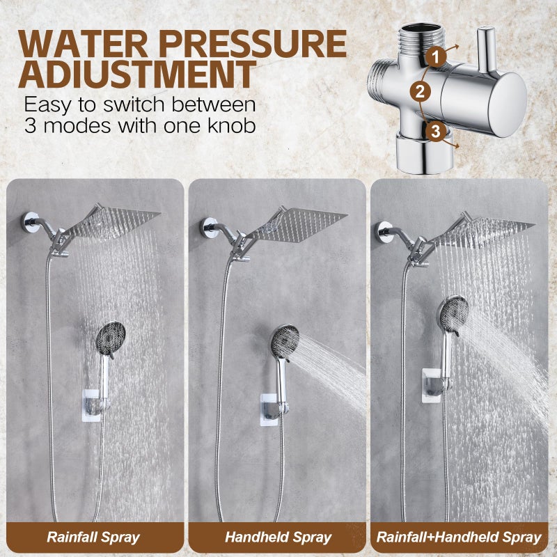 Ashwanth Shower Head,10â€Rain Shower Head with Handheld Spray Combo and Adjustable Extension Arm/3-Way Flow Regulator/Shower System,High Pressure Rain Fall Hose,Chrome - Image 2