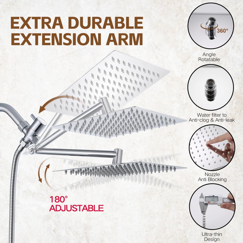 Ashwanth Shower Head,10â€Rain Shower Head with Handheld Spray Combo and Adjustable Extension Arm/3-Way Flow Regulator/Shower System,High Pressure Rain Fall Hose,Chrome - Image 3