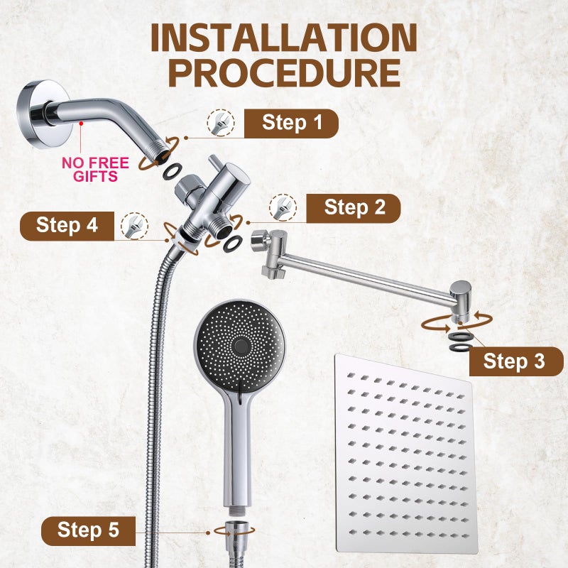 Ashwanth Shower Head,10â€Rain Shower Head with Handheld Spray Combo and Adjustable Extension Arm/3-Way Flow Regulator/Shower System,High Pressure Rain Fall Hose,Chrome - Image 5
