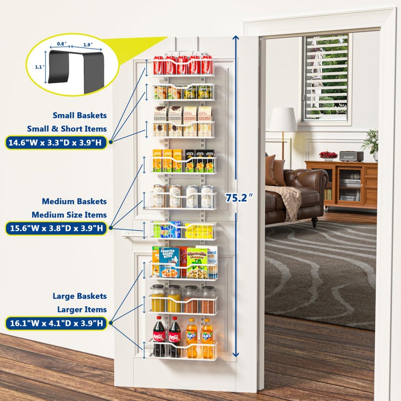 EVERIE 9-Tier Over the Door Storage Rack, Metal Hanging Organizer with Heightened Plate Bottom Baskets and Enlarged Hanging Slots, Kitchen Pantry Shelves - Image 2