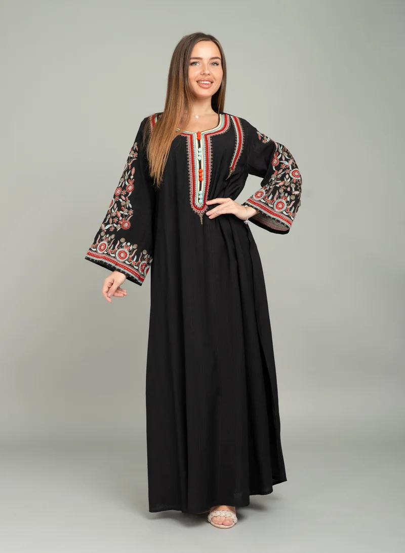 اكسا جلابية تطريز يدوي عنق اسيوي CJ1035 اسود
