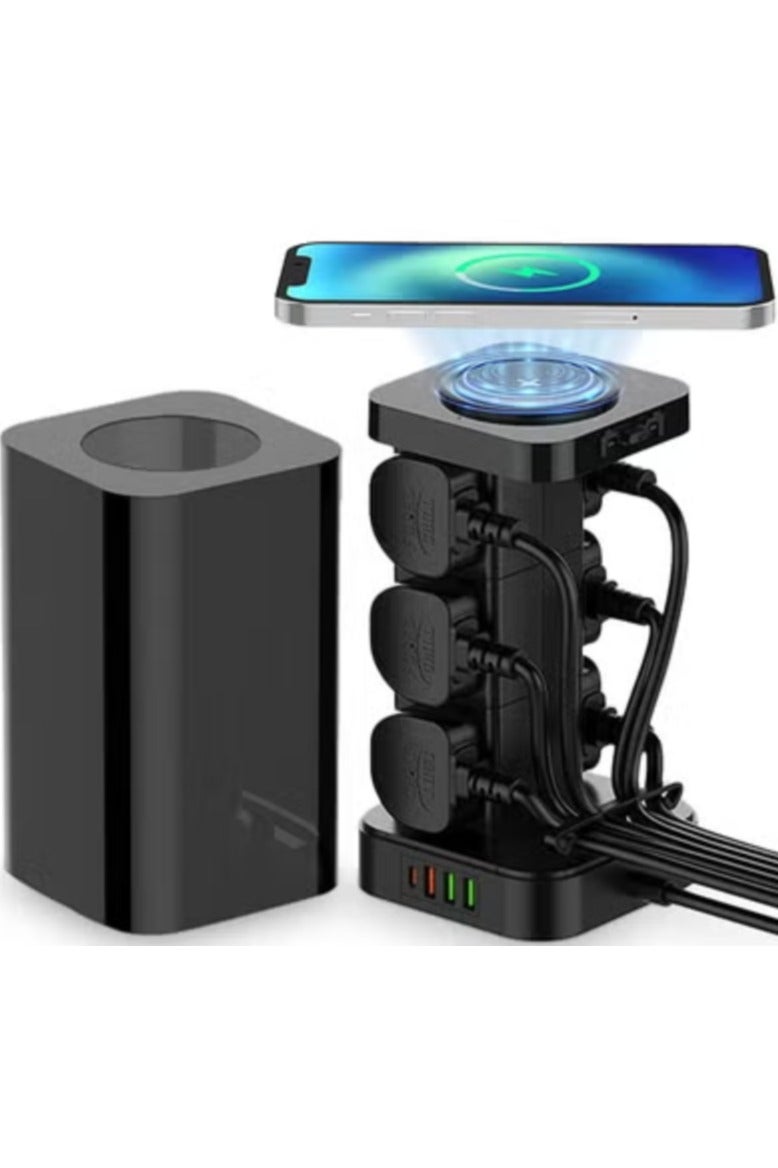 ريبنيو مقبس طاقة تمديد برجي 6 تيار متردد مع شاحن لاسلكي وصندوق إدارة الكابلات مع قفل 4 منافذ USB 1 PD 30 واط 1 QC3.0 18 واط 2 USB-A 6 منافذ طاقة 2500 واط (أسود) - Image 1